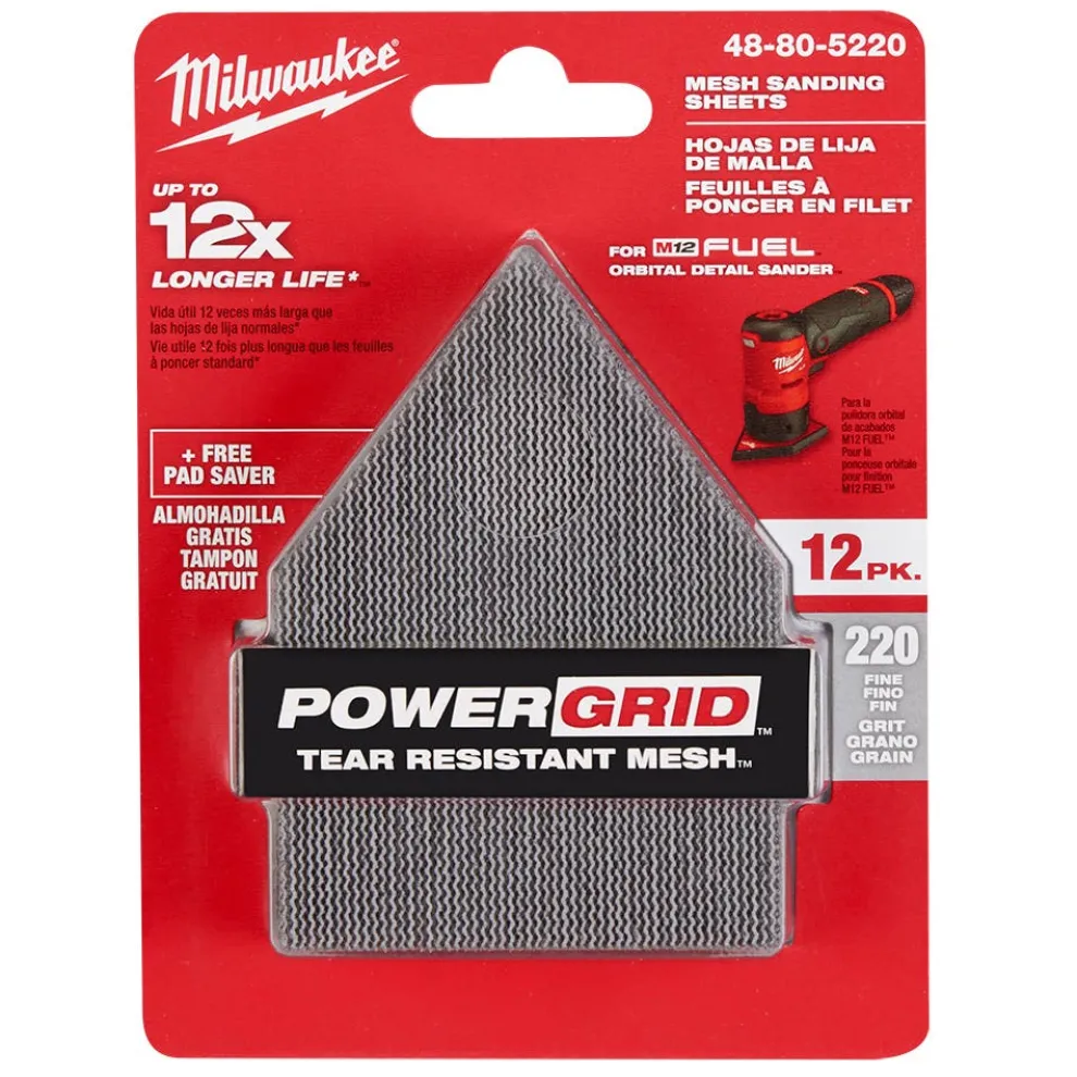 Milwaukee 220 Grit Mesh Sanding Sheet for M12 FUEL Orbital Detail Sander 12pk 48-80-5220