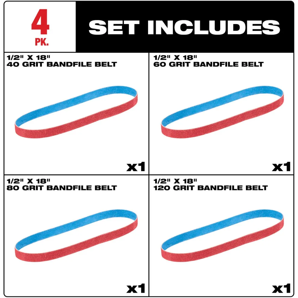 Milwaukee Tools 1/2” x 18” 40/60/80/120 Grit Bandfile Belts – 4 pack variety 48-80-9000