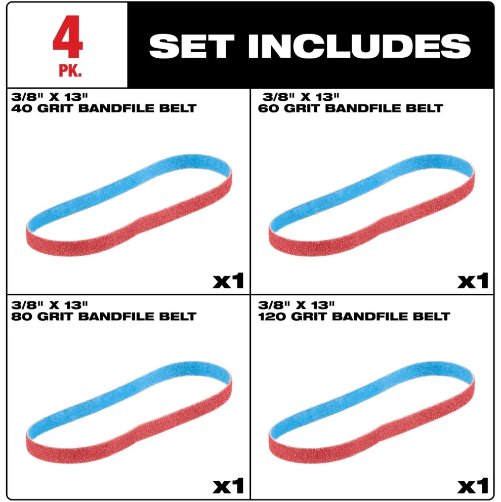 Milwaukee Tools 3/8” x 13” 40/60/80/120 Grit Bandfile Belts – 4 pack variety 48-80-7000