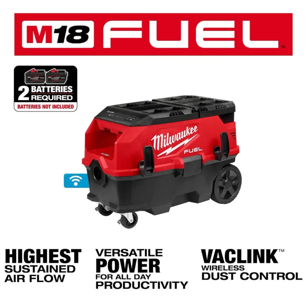 Milwaukee Tools M18 FUEL™ 9 Gallon Dual Battery or AC / PACKOUT™ / VACLINK™ Wet/Dry Dust Extractor Vac 0888-20