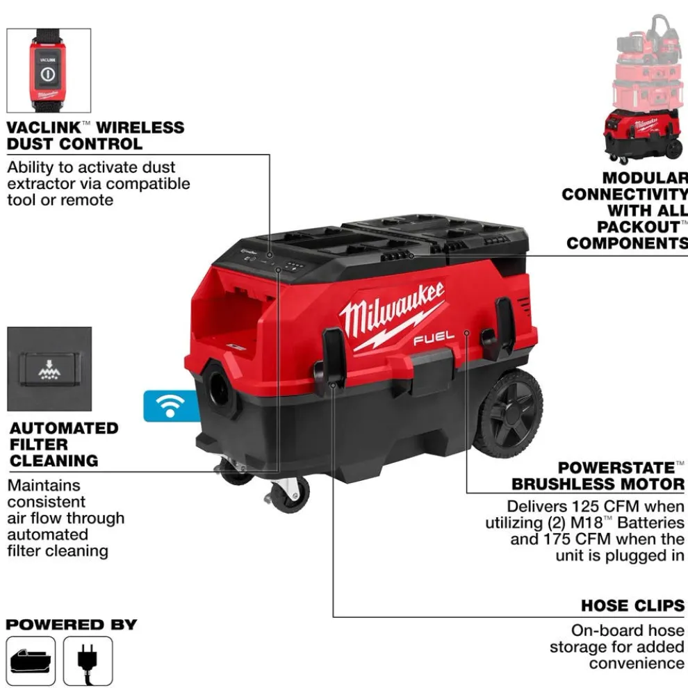 Milwaukee Tools M18 FUEL™ 9 Gallon Dual Battery or AC / PACKOUT™ / VACLINK™ Wet/Dry Dust Extractor Vac 0888-20