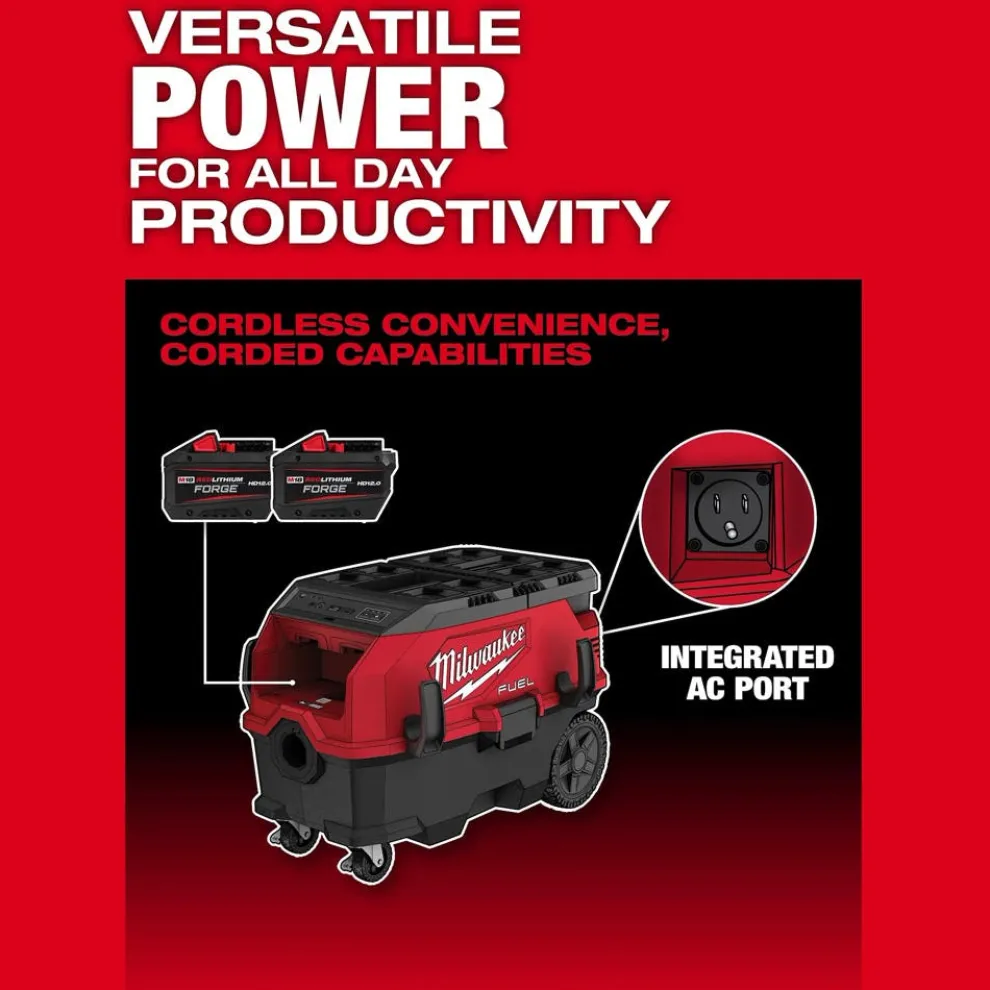Milwaukee Tools M18 FUEL™ 9 Gallon Dual Battery or AC / PACKOUT™ / VACLINK™ Wet/Dry Dust Extractor Vac (12.0Ah) Kit 0888-22HD