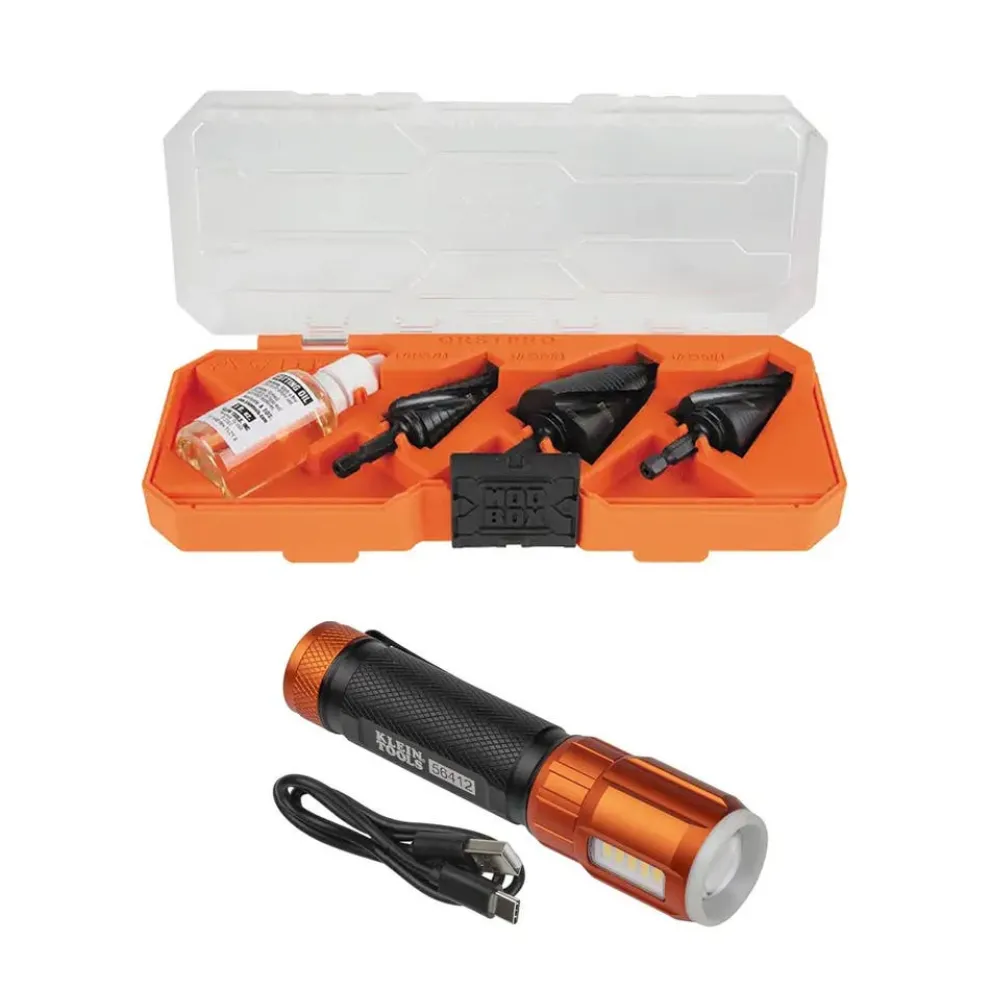 Premium Electrician's Quick Release Step Bit Set, 3 Piece w/ LED Flashlight Duel Light USB Rechargeable 500 Lumens